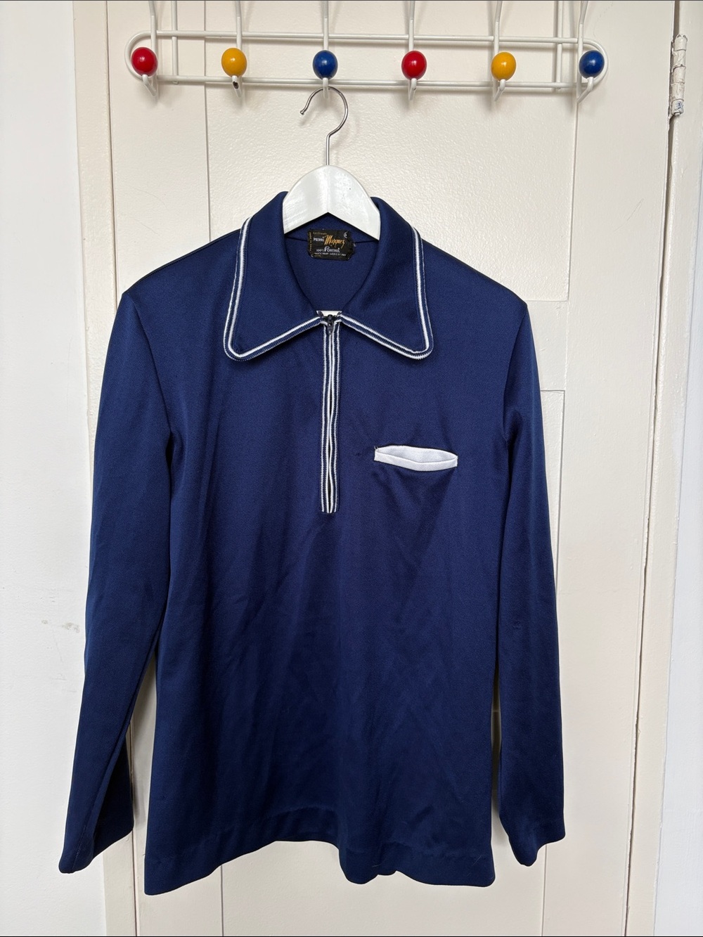 Navy Long-Sleeve Zip Polo Sweater with White Trim